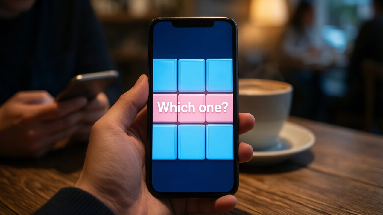 A close view of a hand holding a phone in a dim café, the phone screen showing three stacked rows of sky blue tiles on a deep night blue screen, the middle row lit soft pink with the large white words "Which one?" across it, a cup blurred behind.