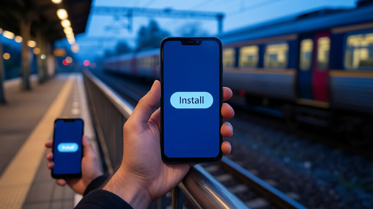 A man in his late twenties leaning on a railway platform railing at dusk holding an Android phone, the phone screen showing one large sky blue rounded button with the word "Install" on a deep night blue screen, a train blurred behind.