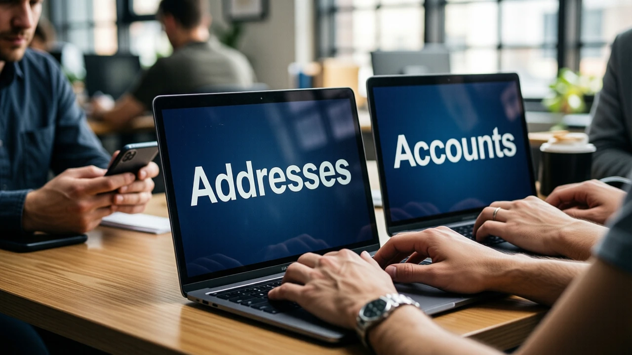 Two people sitting side by side at a shared table in a small bright office, each looking at their own laptop, the nearer laptop screen showing the large white word "Addresses" and the farther one the large white word "Accounts", both on deep night blue screens