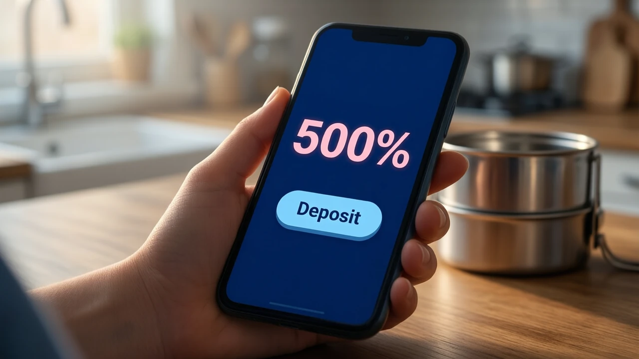 A woman at a kitchen counter in the morning holding a phone at chest height, the phone screen showing the large figure "500%" in soft pink above one sky blue rounded button with the word "Deposit" on a deep night blue screen, a steel tiffin blurred beside her.