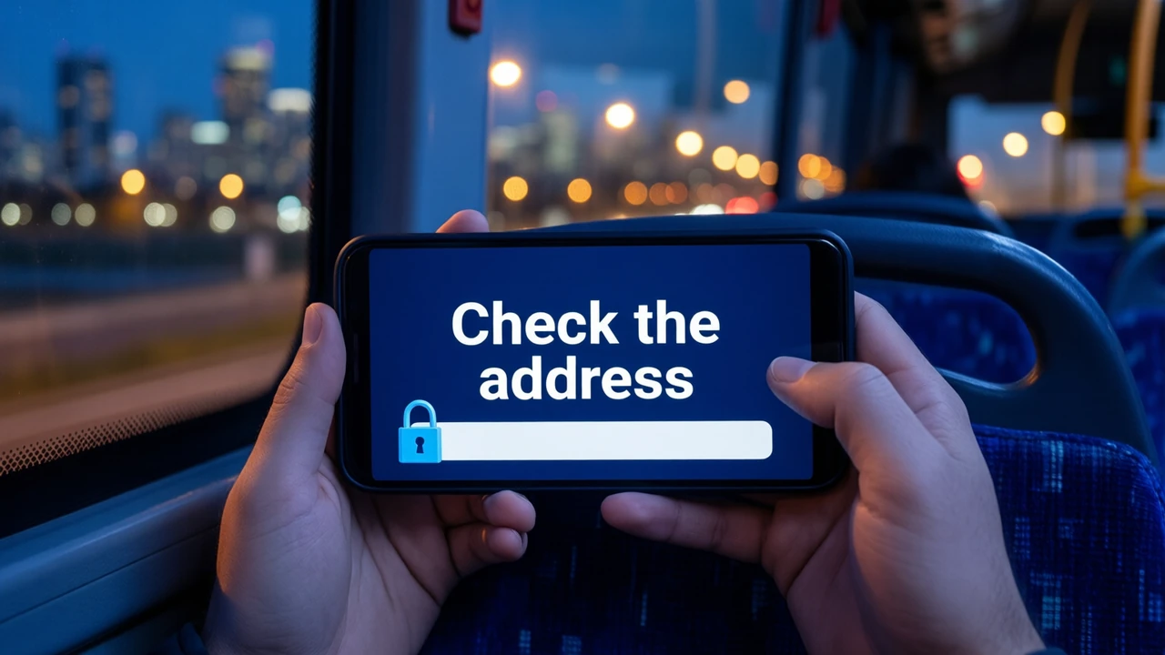 A young man on a bus seat at night holding a phone close, the phone screen showing a wide address bar with a small sky blue padlock at its left end and, above it, the large white words "Check the address" on a deep night blue screen, city lights blurred behind the window.