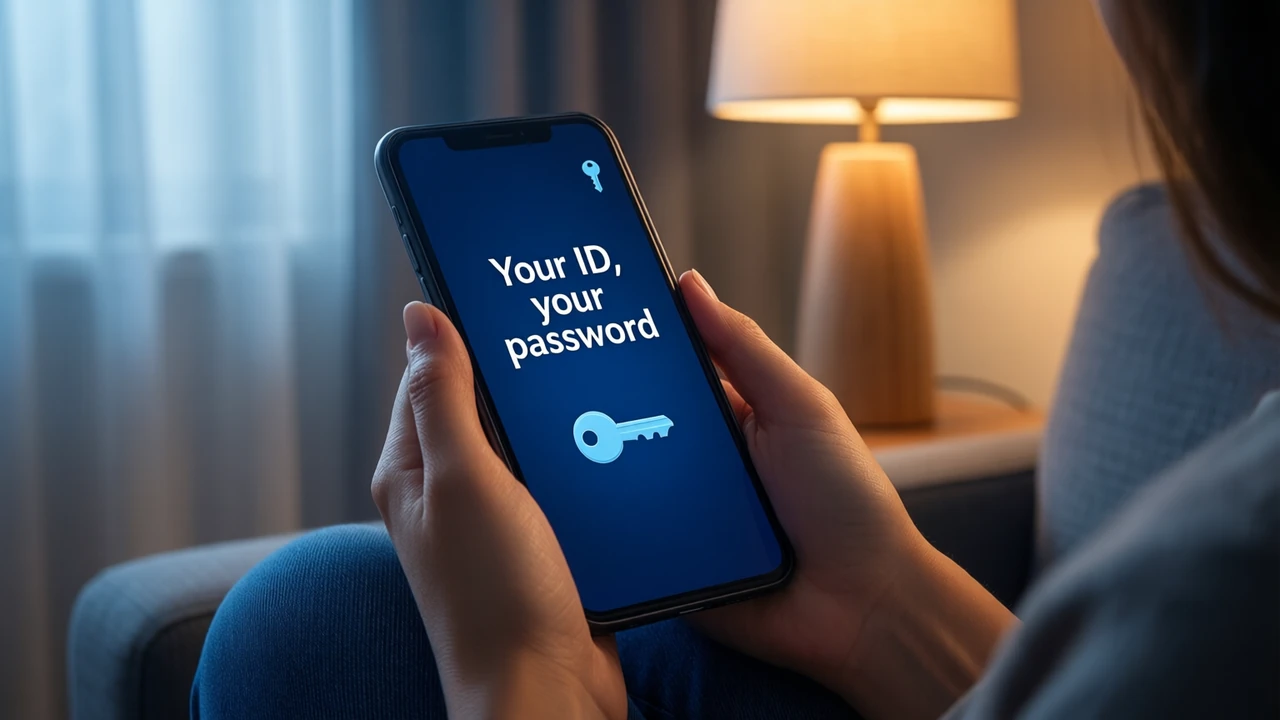 A woman sitting on a sofa at home holding a phone in both hands, the phone screen showing the large white words "Your ID, your password" above a small sky blue key icon on a deep night blue screen, a warm table lamp beside her.