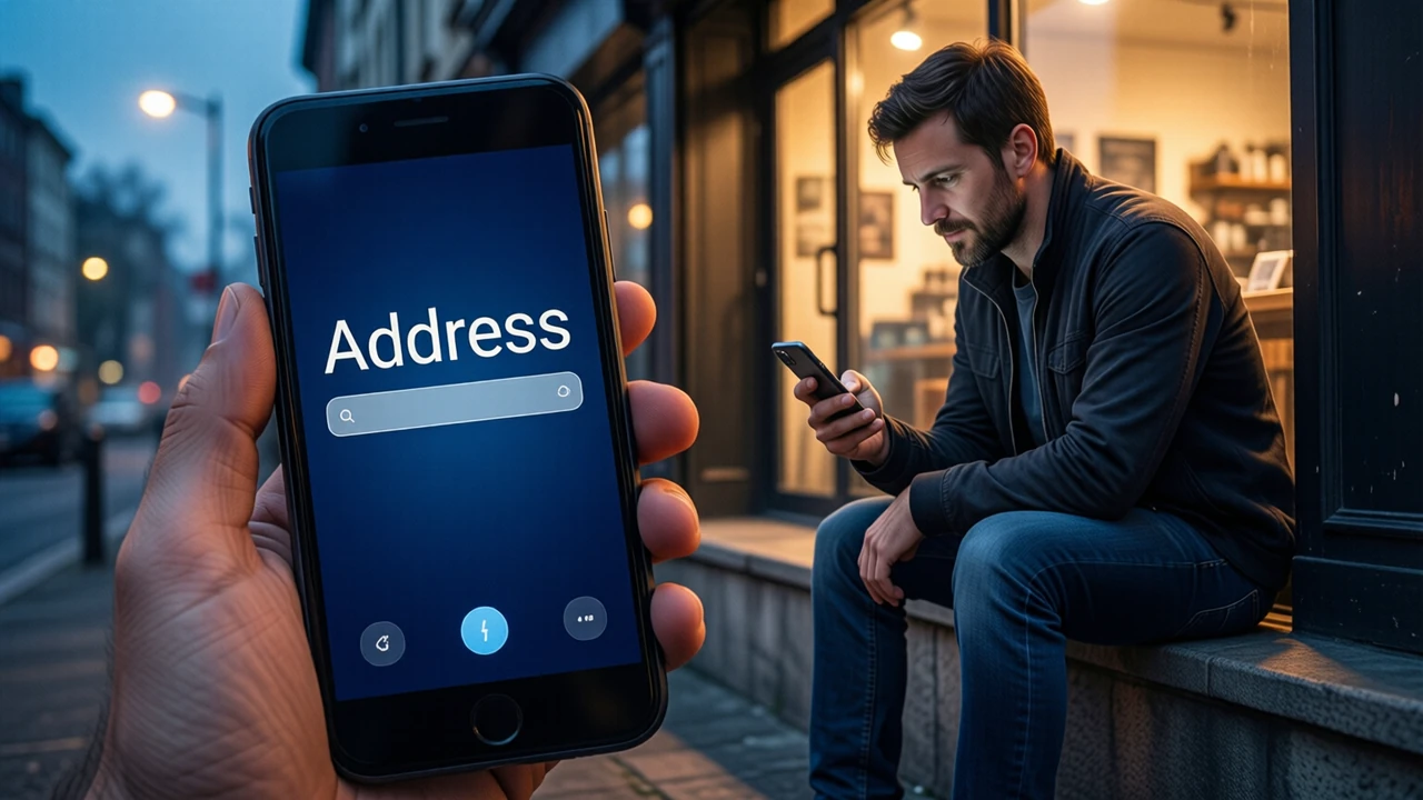 A man in his thirties sitting on a low wall outside a shop at dusk, studying a phone held in one hand, the phone screen showing a wide address bar with the large white word "Address" above it on a deep night blue screen, warm shop light behind him.