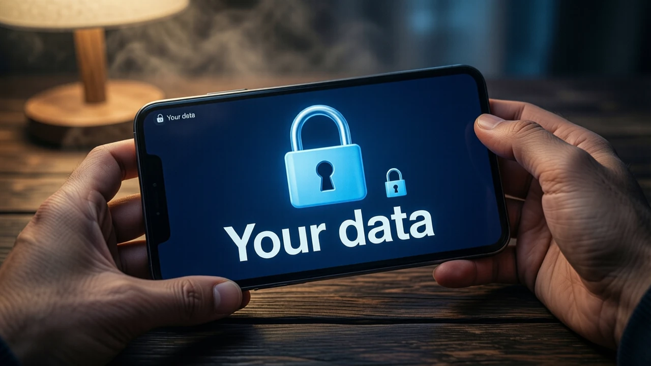 A phone lying flat on a dark wooden table under a lamp, the phone screen showing a large sky blue padlock above the large white words "Your data" on a deep night blue screen