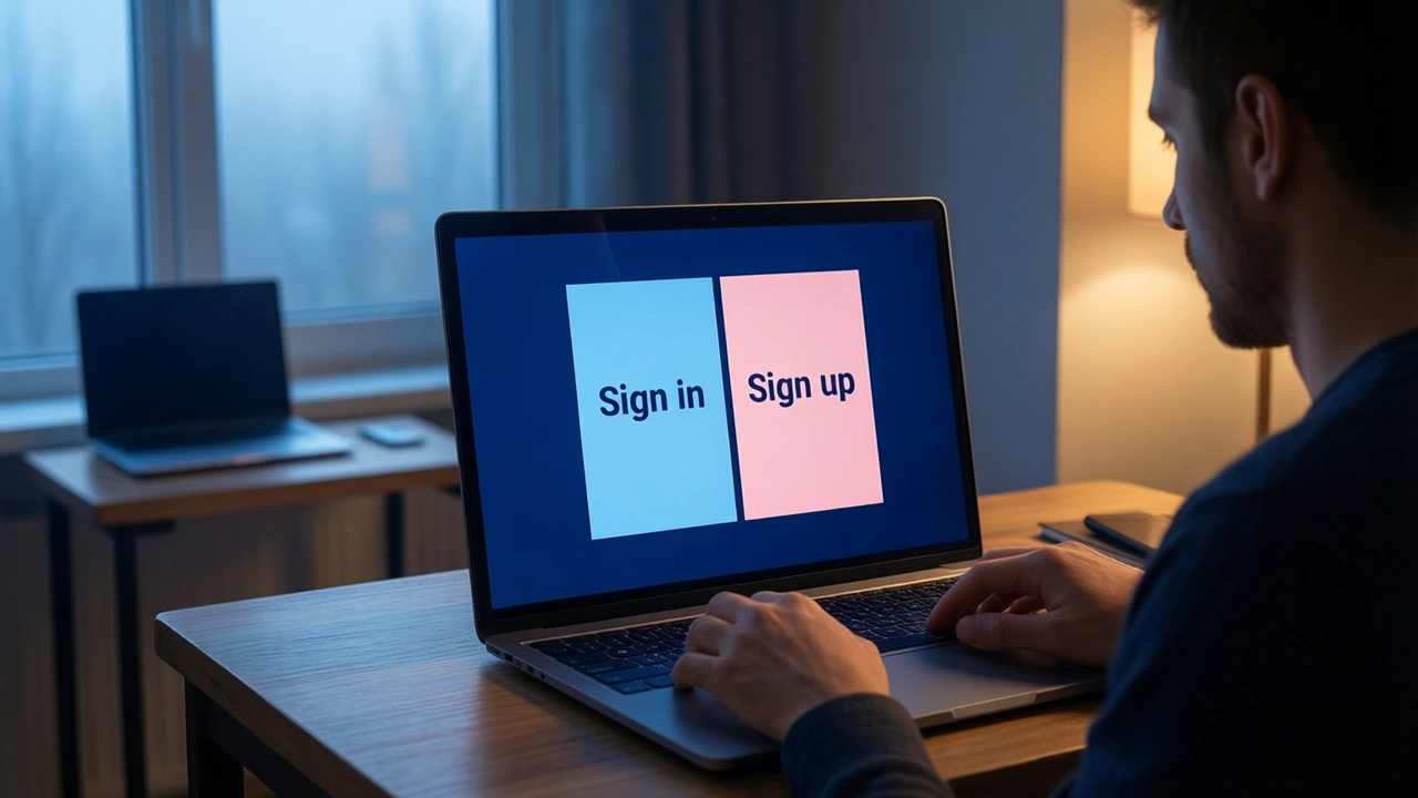 A man at a small desk by a window in the evening looking at a laptop, the laptop screen showing two wide side-by-side panels on a deep night blue background, the left panel sky blue with the large word "Sign in" and the right panel soft pink with the large word "Sign up"