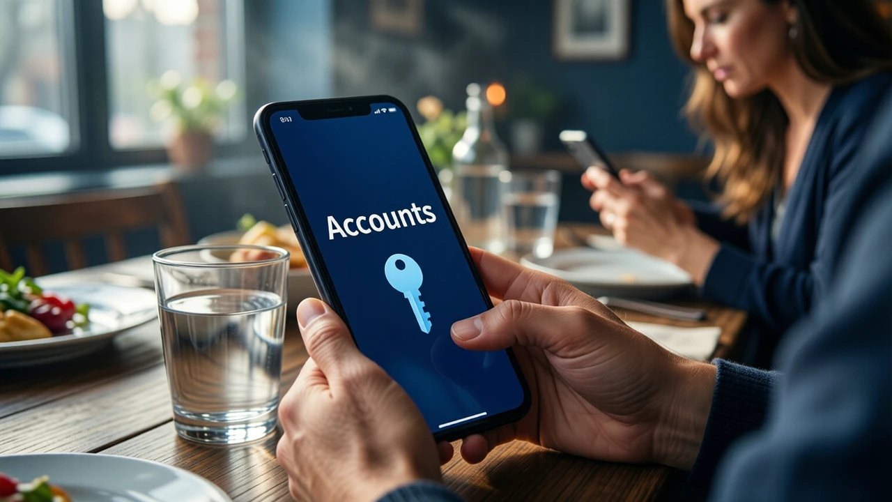 A woman in her thirties at a dining table in the afternoon, reading a phone propped against a glass of water, the phone screen showing the large white word "Accounts" above a small sky blue key icon on a deep night blue screen, soft window light.