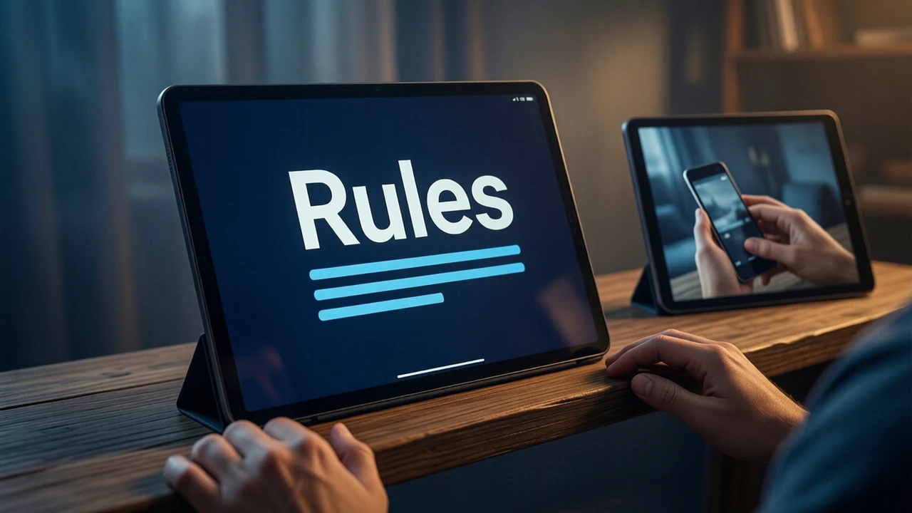 A tablet standing on a wooden shelf in a quiet room, the tablet screen showing the large white word "Rules" above three short sky blue lines on a deep night blue screen, soft side light.